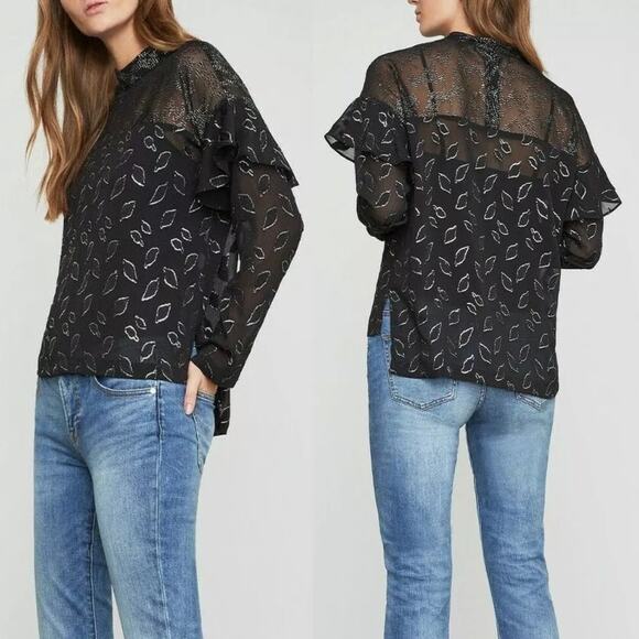 BCBGMaxazria Black Sheer Chiffon Silver Metallic Leaf Print High Neck Blouse - Picture 1 of 15